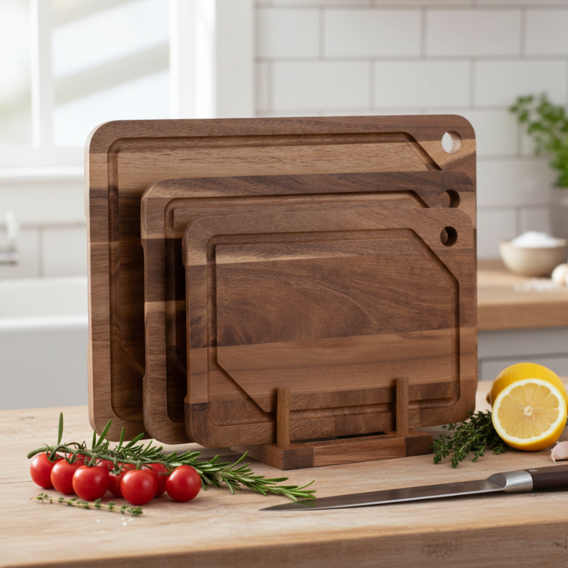 Acacia Wood Cutting Board Set with Stand Design