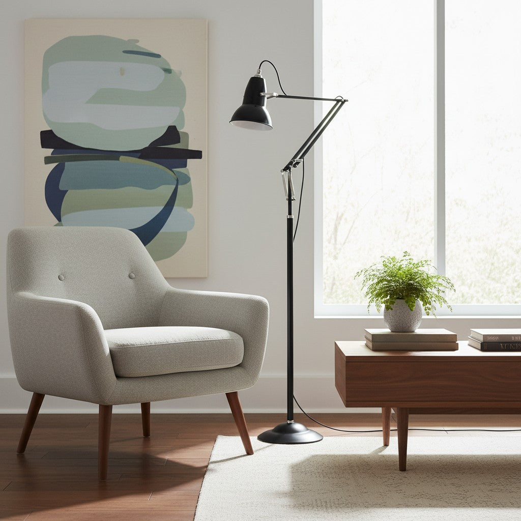 Adjustable Industrial Floor Lamp with Swing Arm for Task Lighting