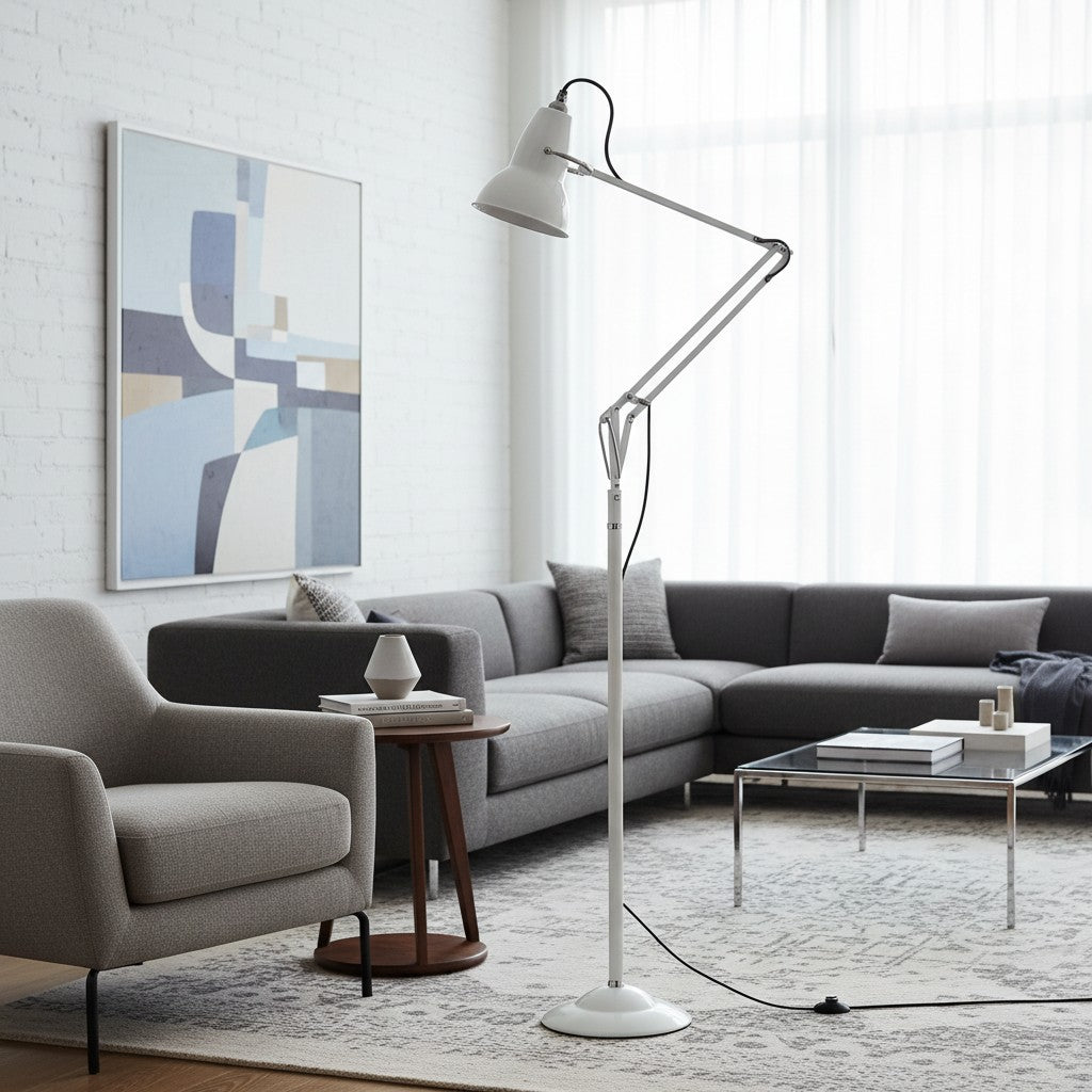 Adjustable Industrial Floor Lamp with Swing Arm for Task Lighting