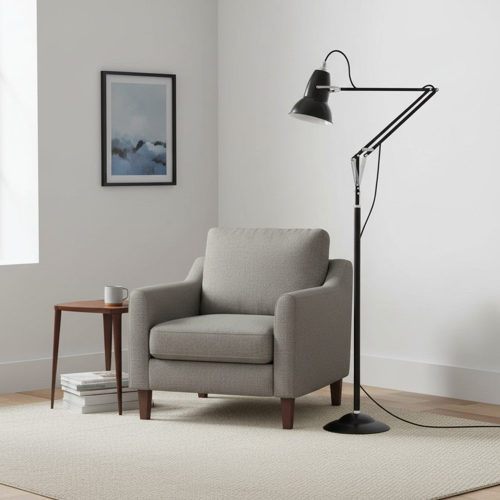 Adjustable Industrial Floor Lamp with Swing Arm for Task Lighting