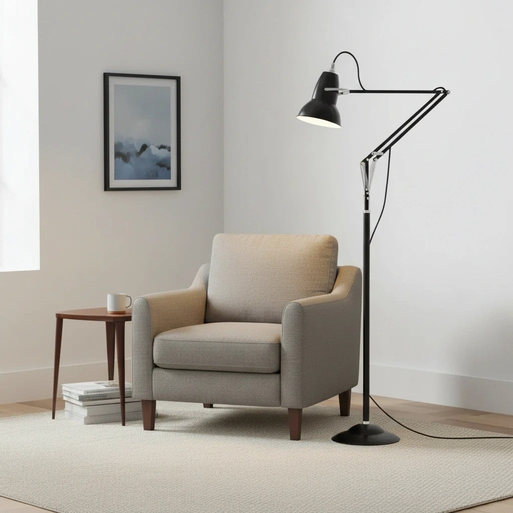Adjustable Industrial Floor Lamp with Swing Arm for Task Lighting