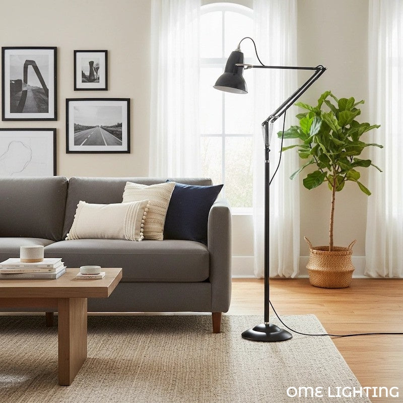 Adjustable Industrial Floor Lamp with Swing Arm for Task Lighting