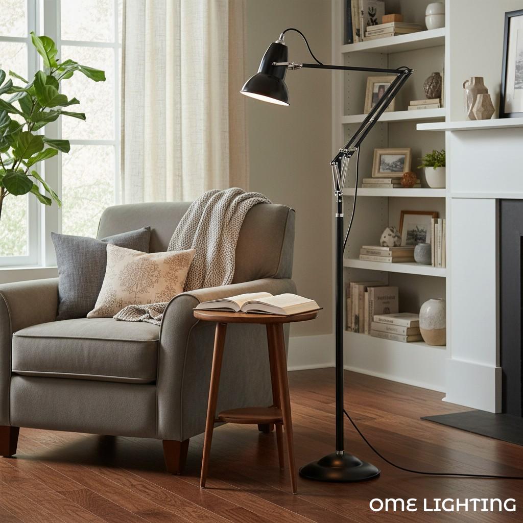 Adjustable Industrial Floor Lamp with Swing Arm for Task Lighting