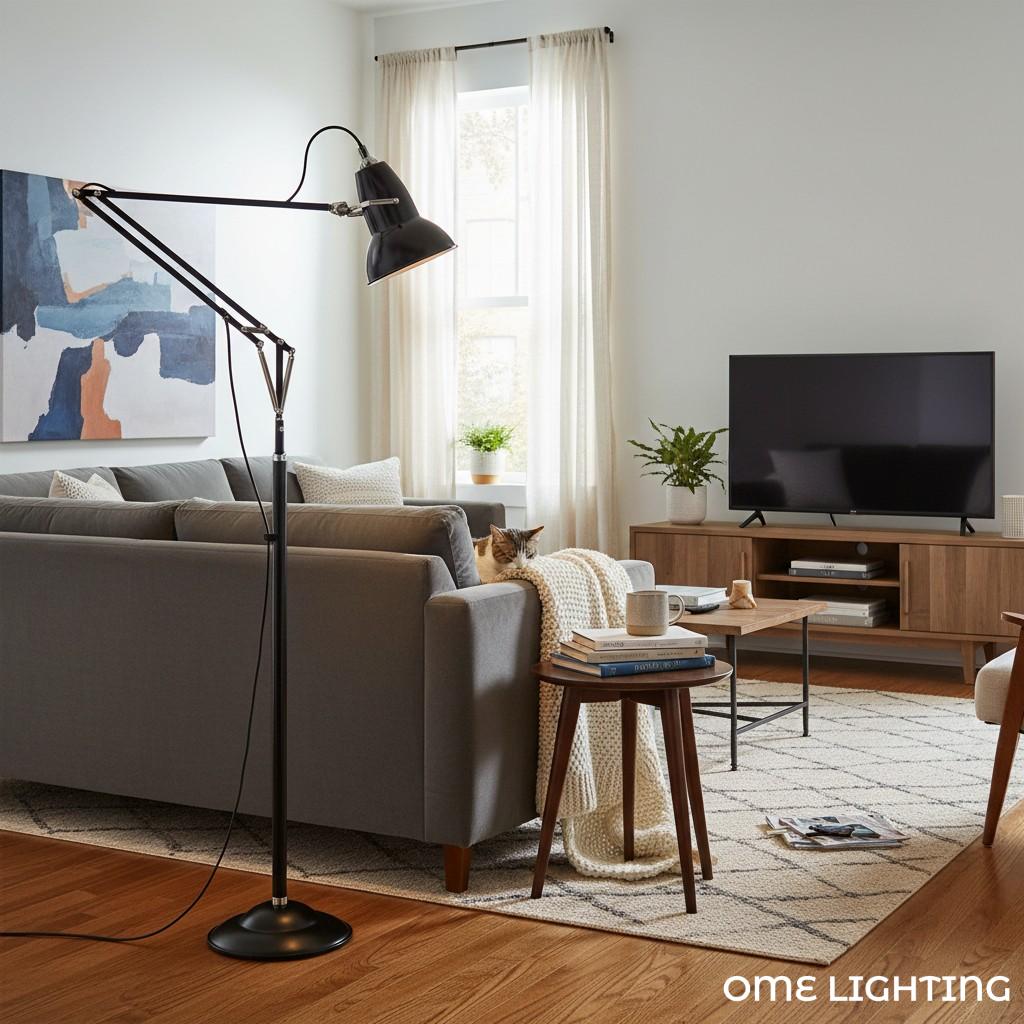 Adjustable Industrial Floor Lamp with Swing Arm for Task Lighting
