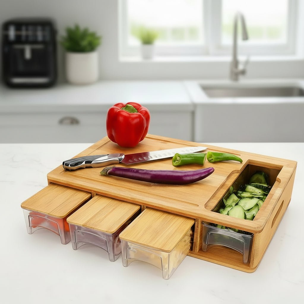 Bamboo Cutting Board with Storage Tray System