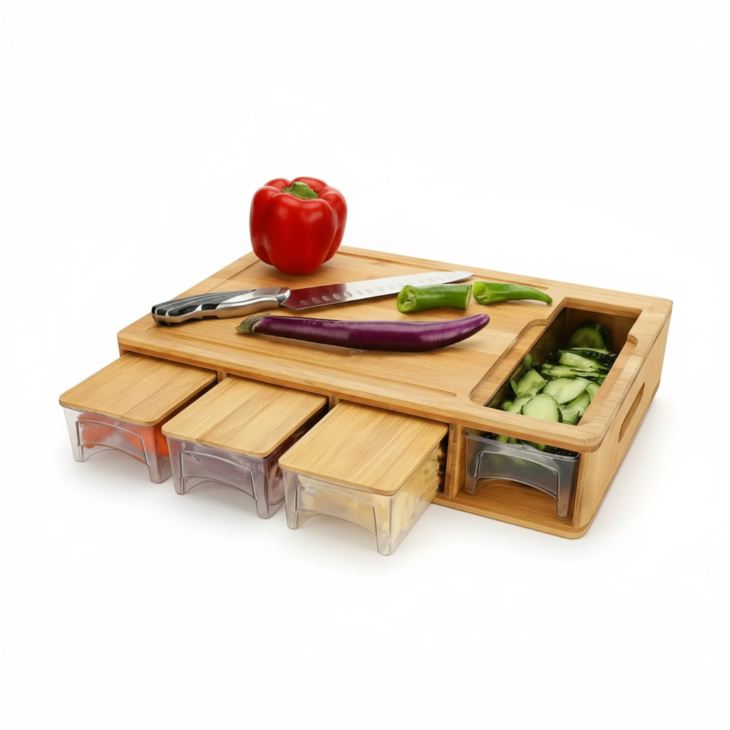 Bamboo Cutting Board with Storage Tray System