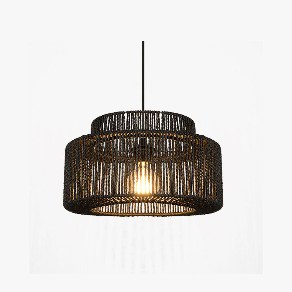 Black Rattan Drum Pendant Light with Woven Shade