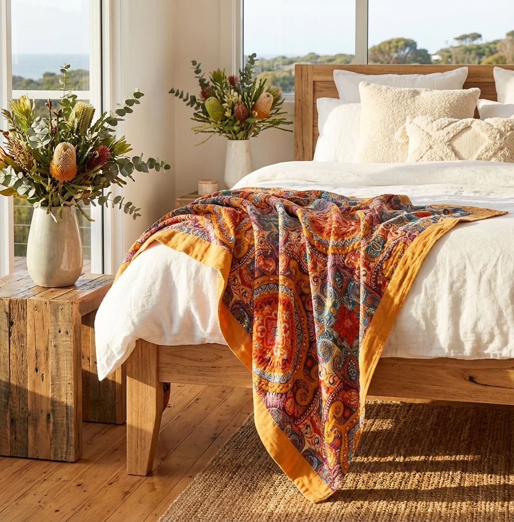 Boho Cotton Throw Blanket with Sunrise Pattern