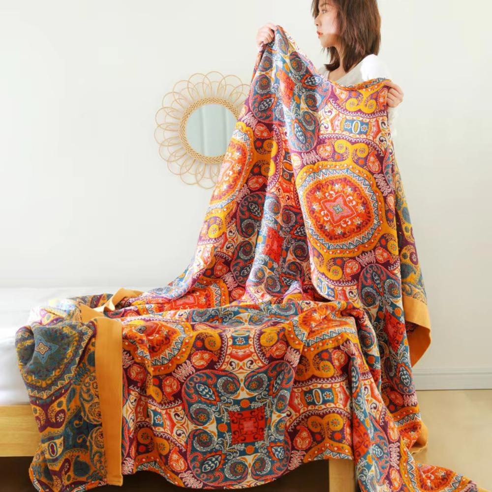 Boho Cotton Throw Blanket with Sunrise Pattern