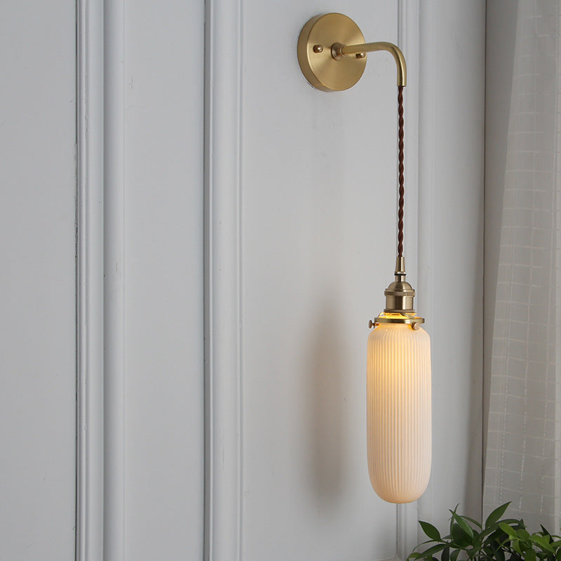 Brass Pleated Glass Wall Sconce with Soft LED