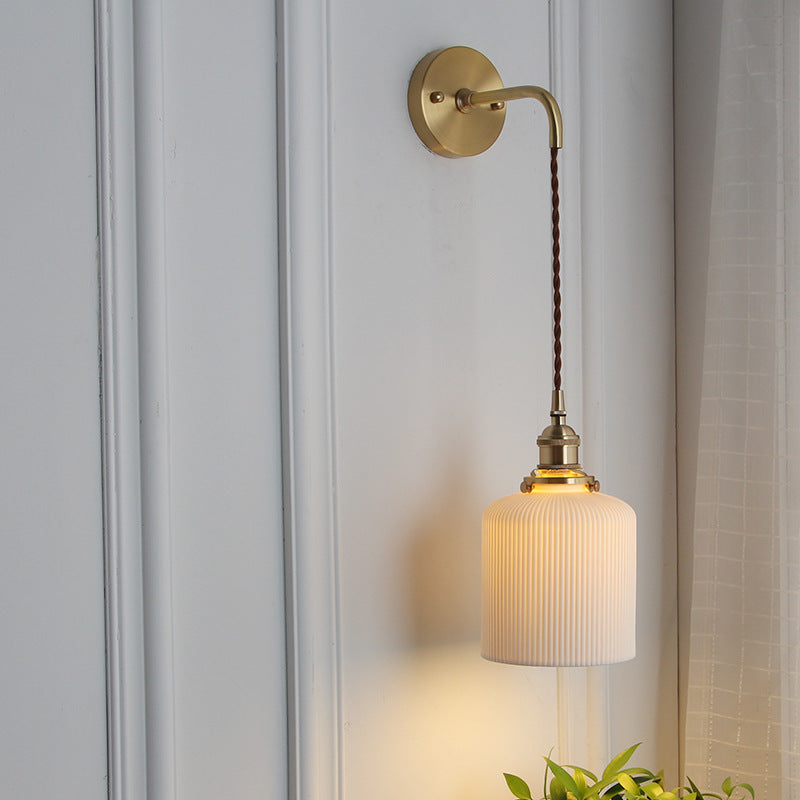 Brass Pleated Glass Wall Sconce with Soft LED