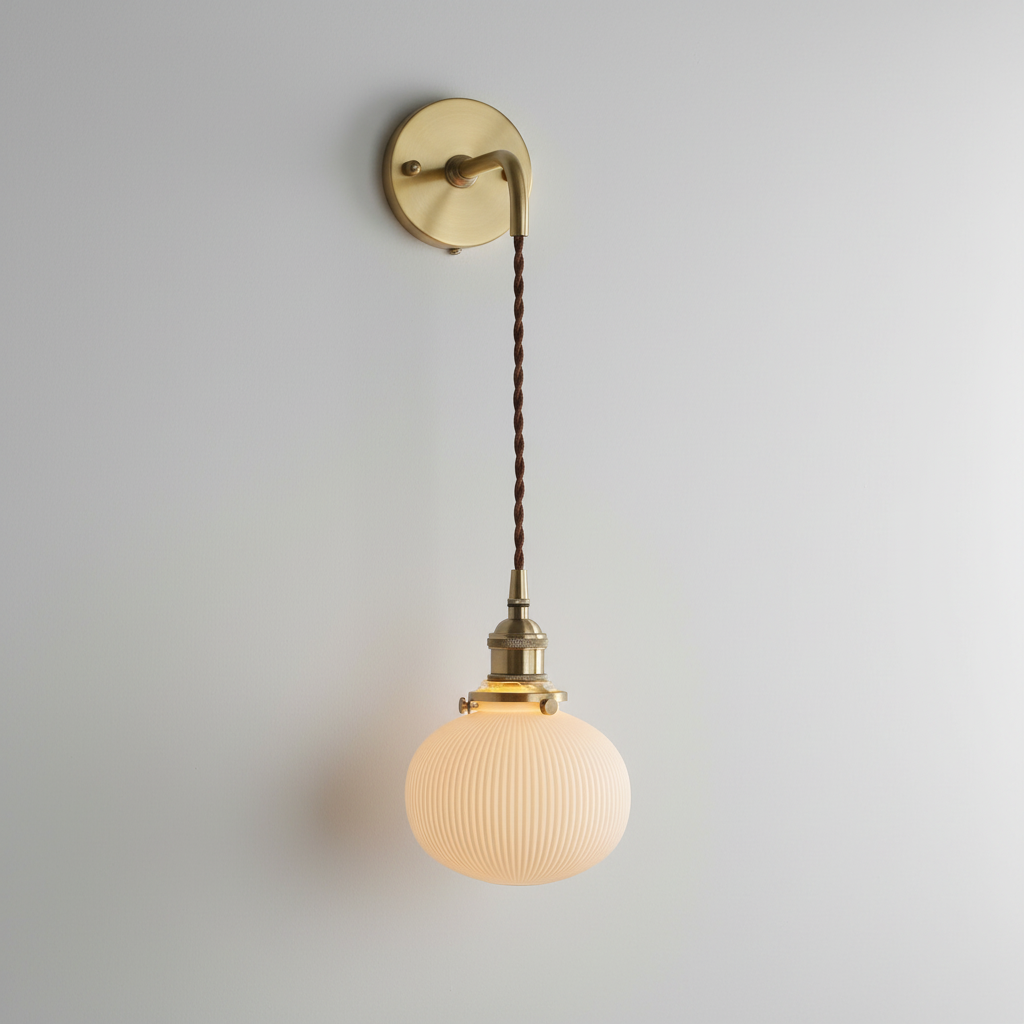 Brass Pleated Glass Wall Sconce with Soft LED