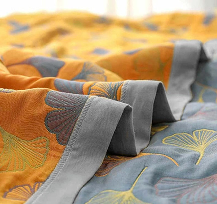 Cotton Throw Blanket with Ginkgo Leaf Pattern