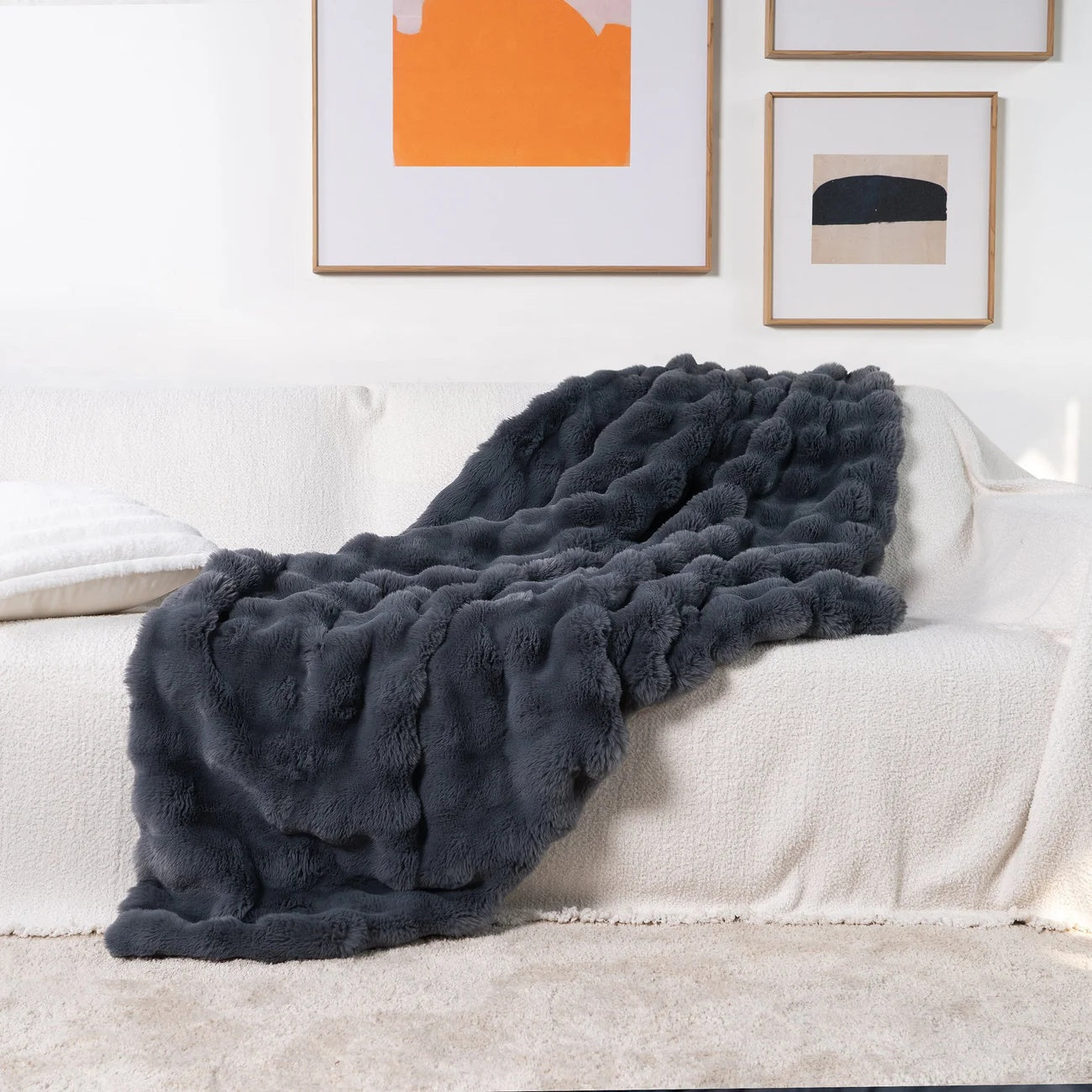 Faux Fur Blanket with Wavy Plush Texture Design