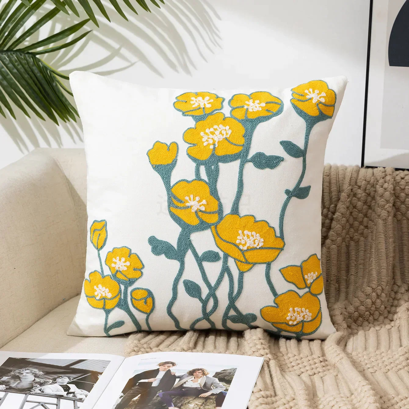 Floral Cushion Cover with Embroidered Design