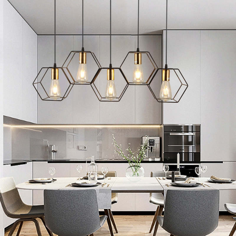 Industrial Hexagon Pendant Light with Metal Frame