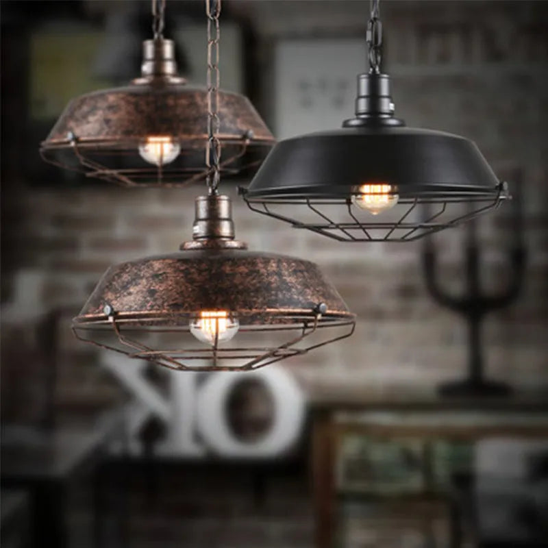 Industrial Rustic Pendant Light with Metal Cage Shade
