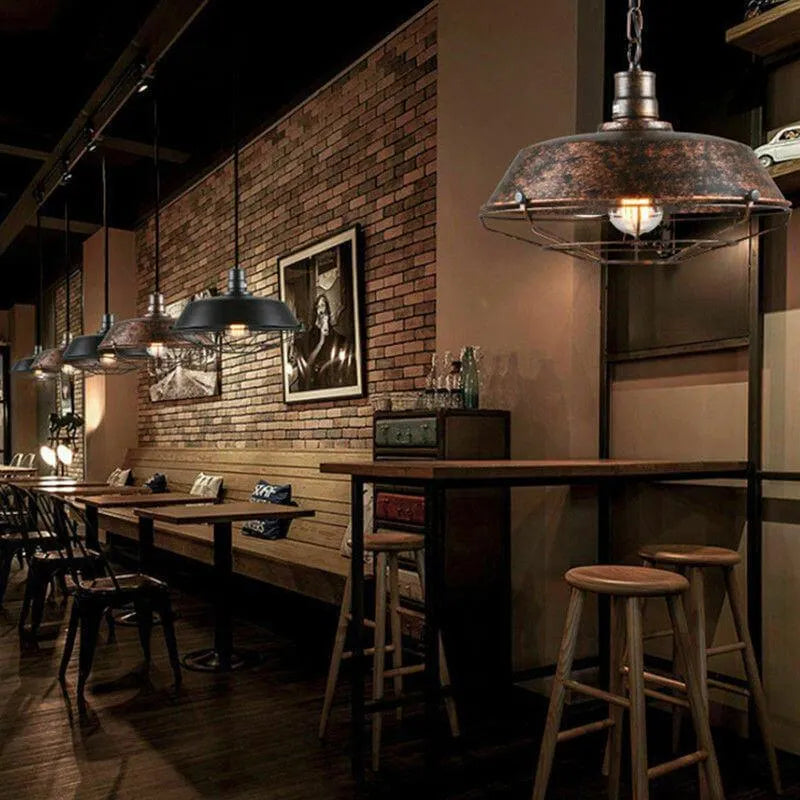 Industrial Rustic Pendant Light with Metal Cage Shade
