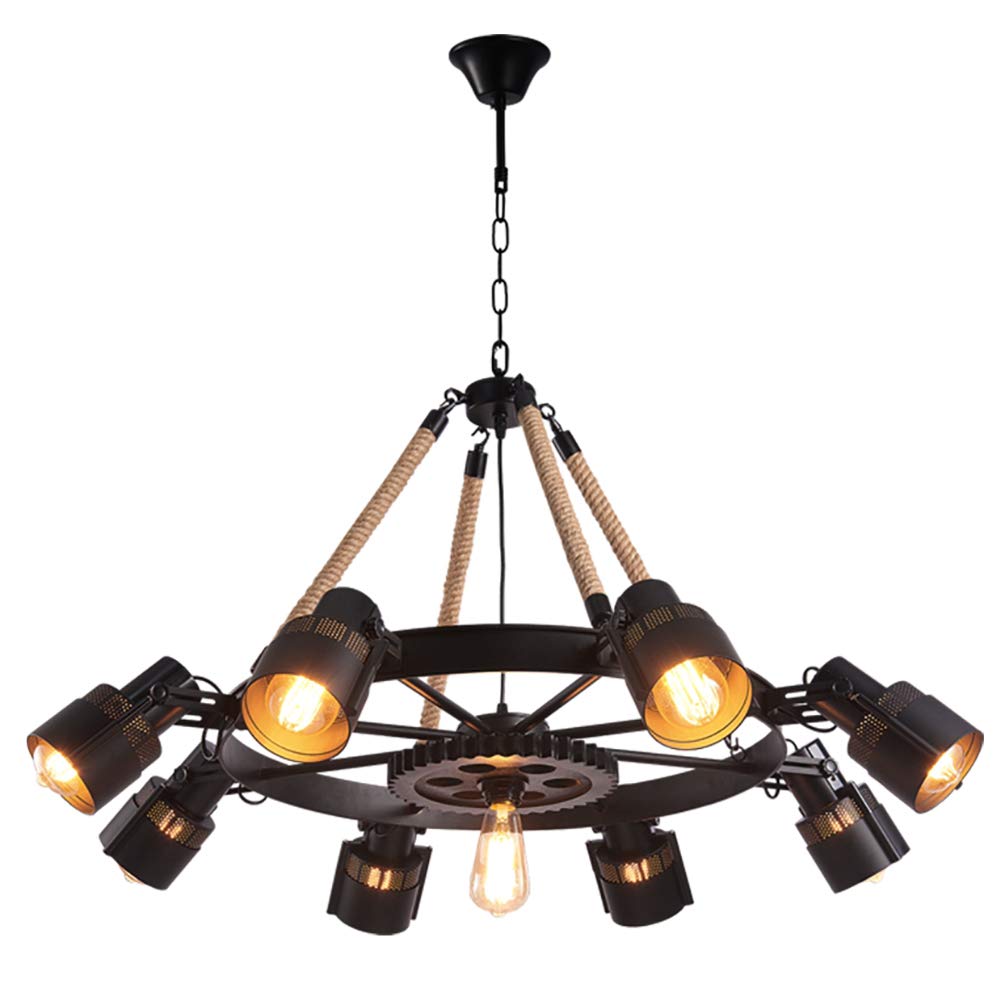 Industrial Wheel Chandelier with Rope and Metal Frame