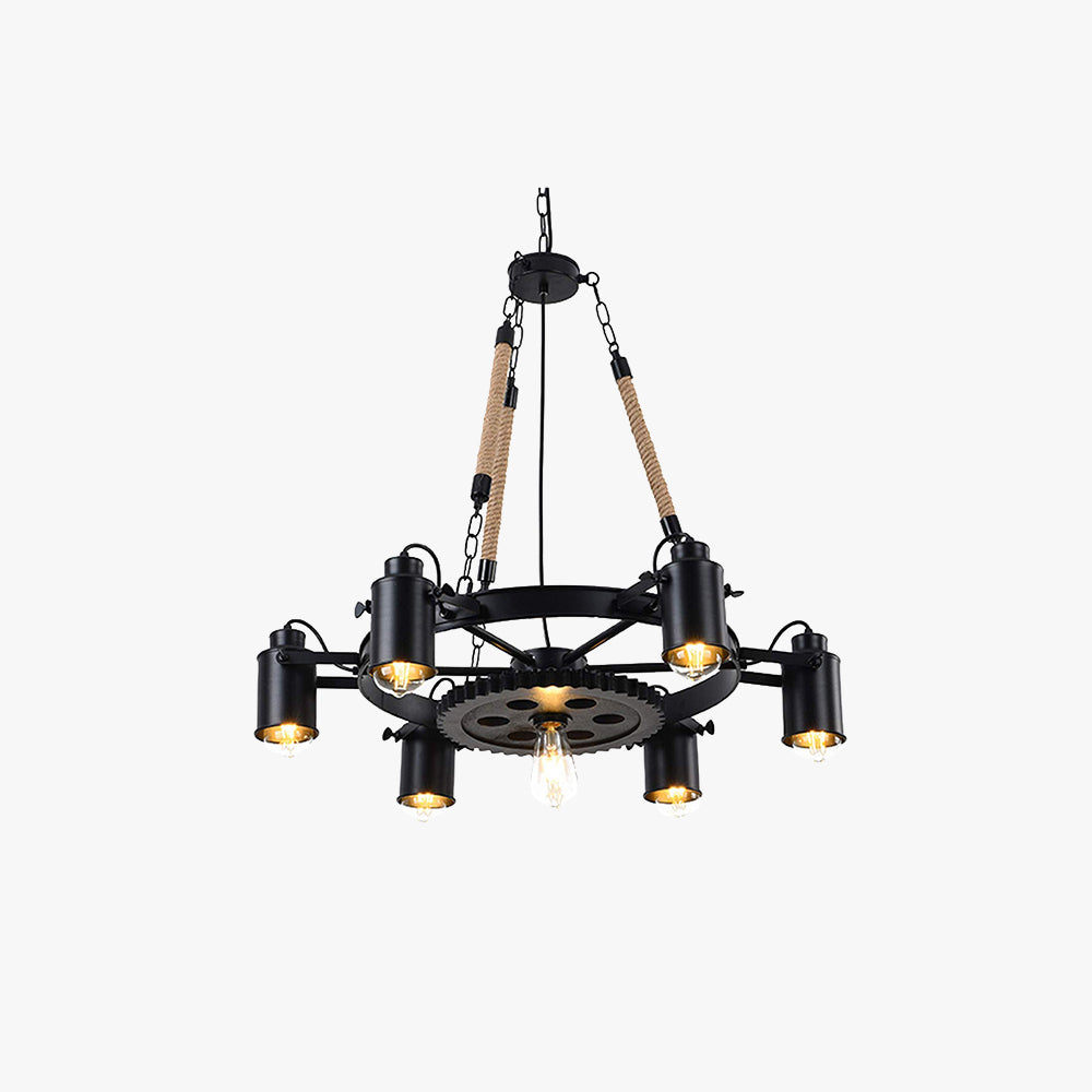Industrial Wheel Chandelier with Rope and Metal Frame