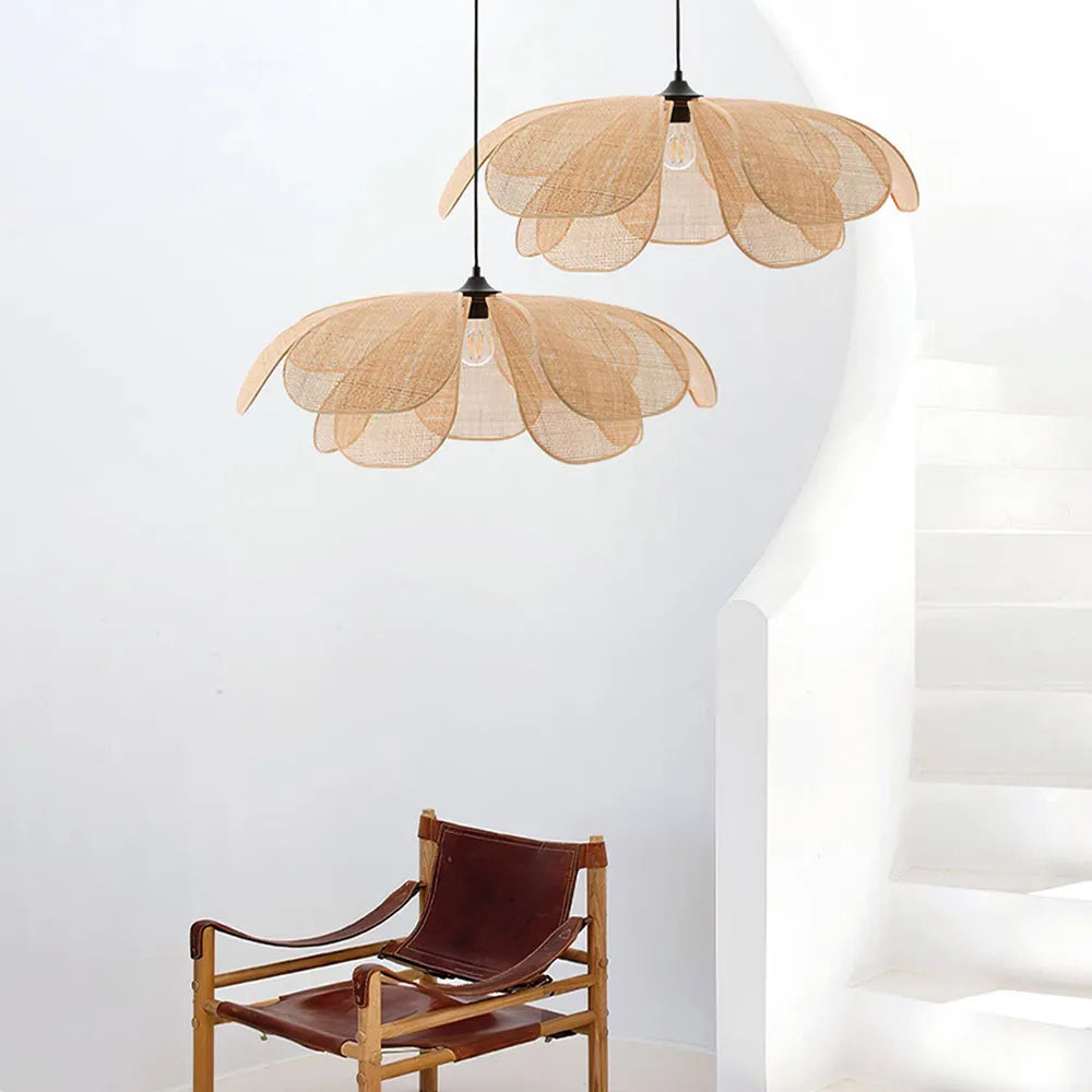 Japandi Rattan Flower Pendant Light with Wabi-Sabi Design