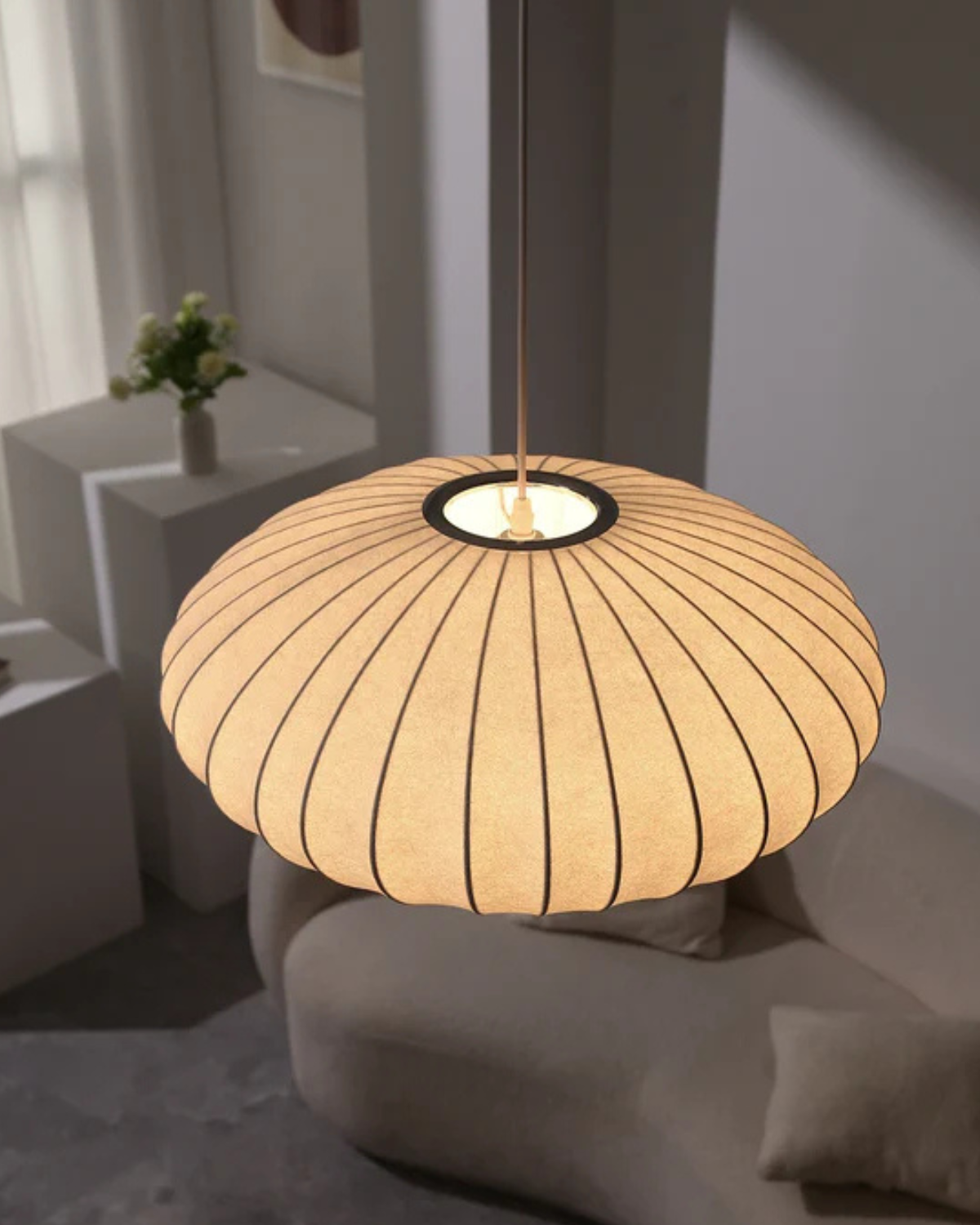 Japanese Fabric Pendant Light with Soft Round Shade
