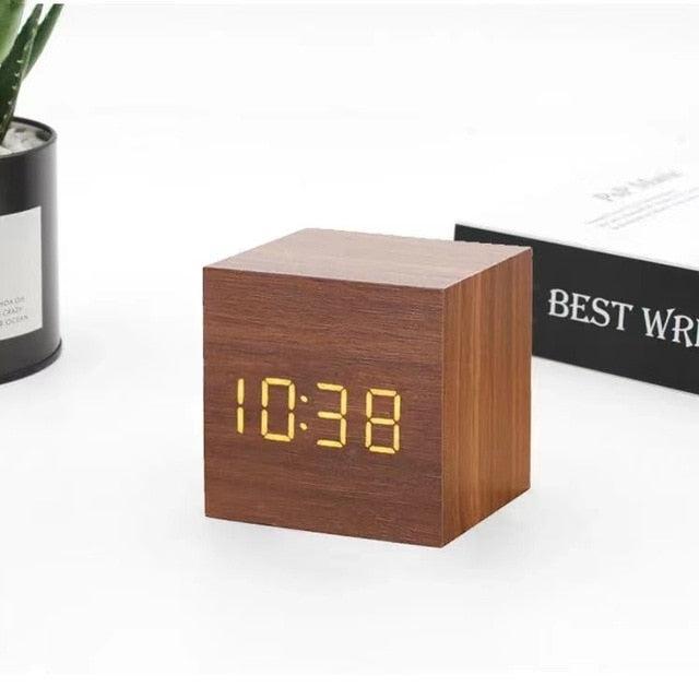 LED Cube Alarm Clock with Wooden Design