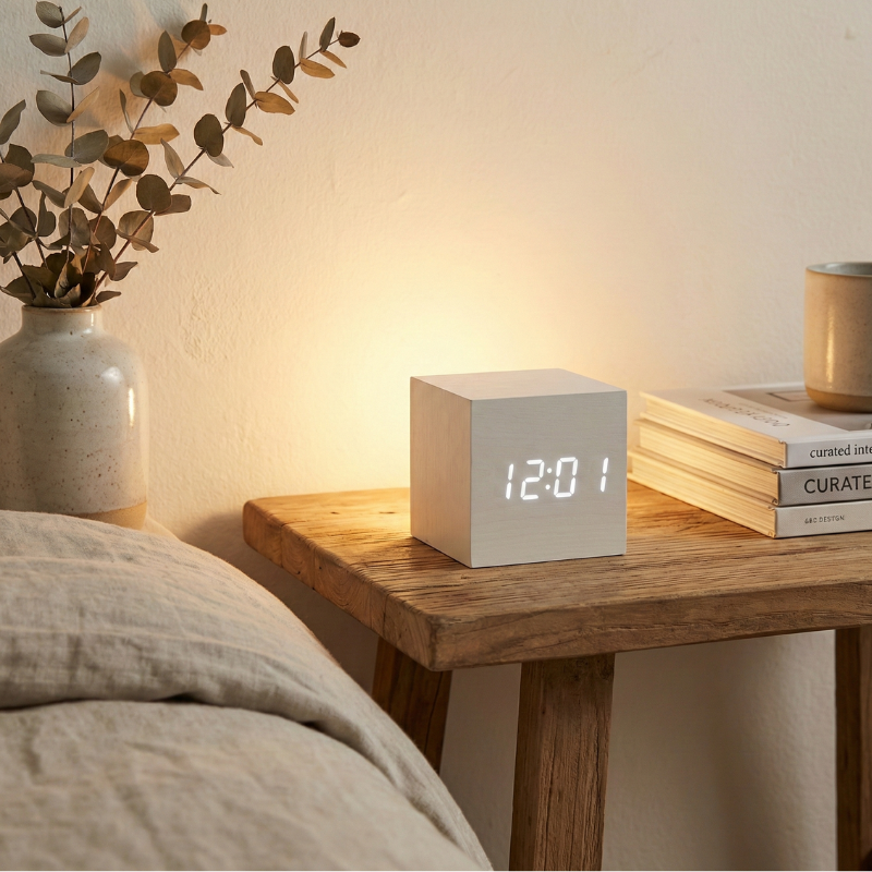 LED Cube Alarm Clock with Wooden Design