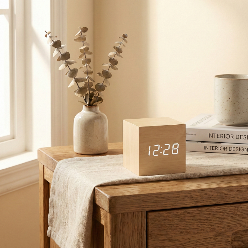 LED Cube Alarm Clock with Wooden Design