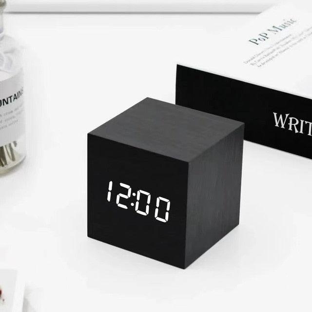 LED Cube Alarm Clock with Wooden Design