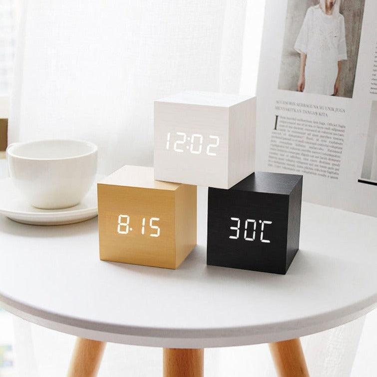 LED Cube Alarm Clock with Wooden Design