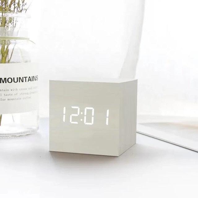 LED Cube Alarm Clock with Wooden Design