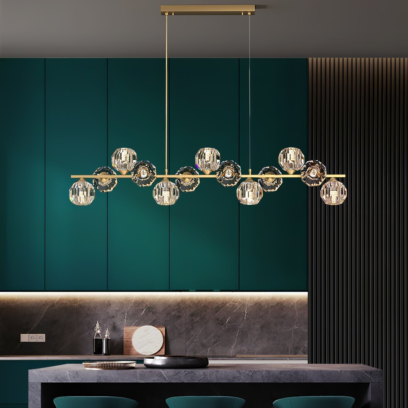 Linear Crystal Globe Pendant Light with Modern Brass Design