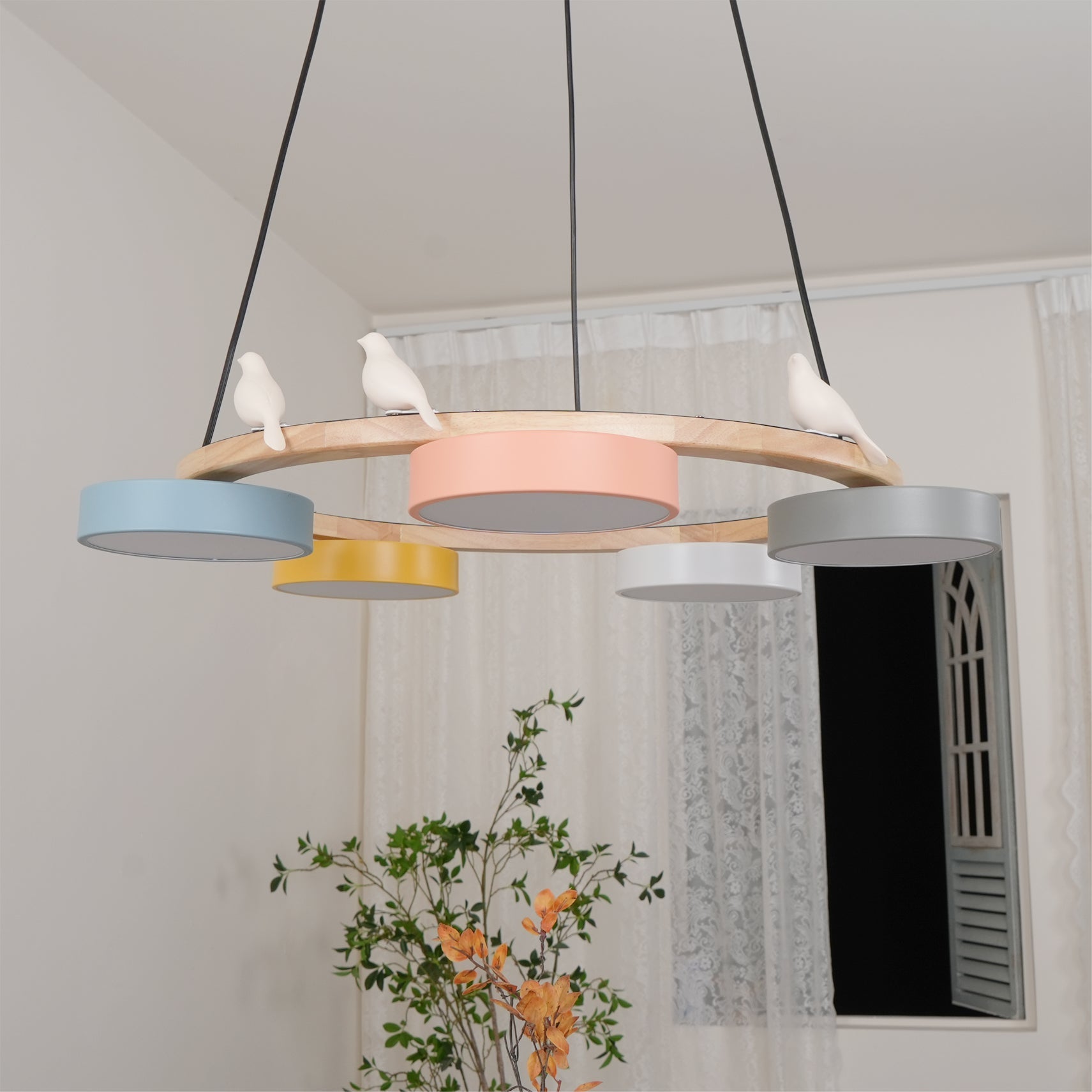 Modern Bird Ring Dining Room Chandelier with Wooden Frame