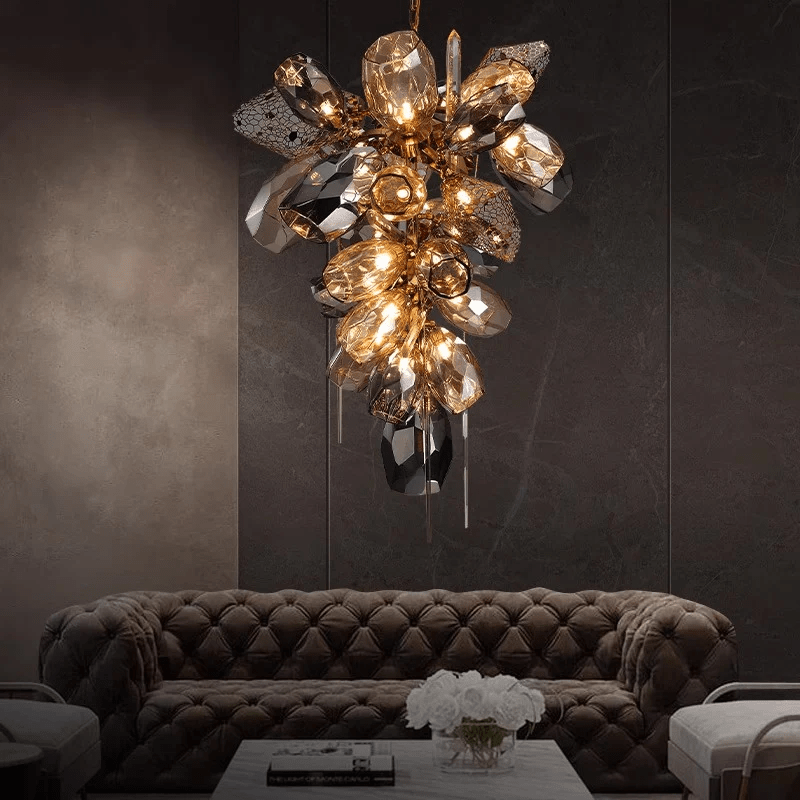 Modern Glass & Crystal Cluster Chandelier with Sculptural Design