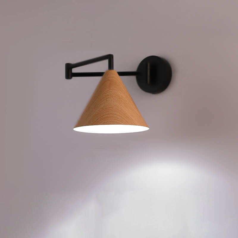 Nordic Swing Arm Wall Sconce with Scandinavian Wood Cone Shade