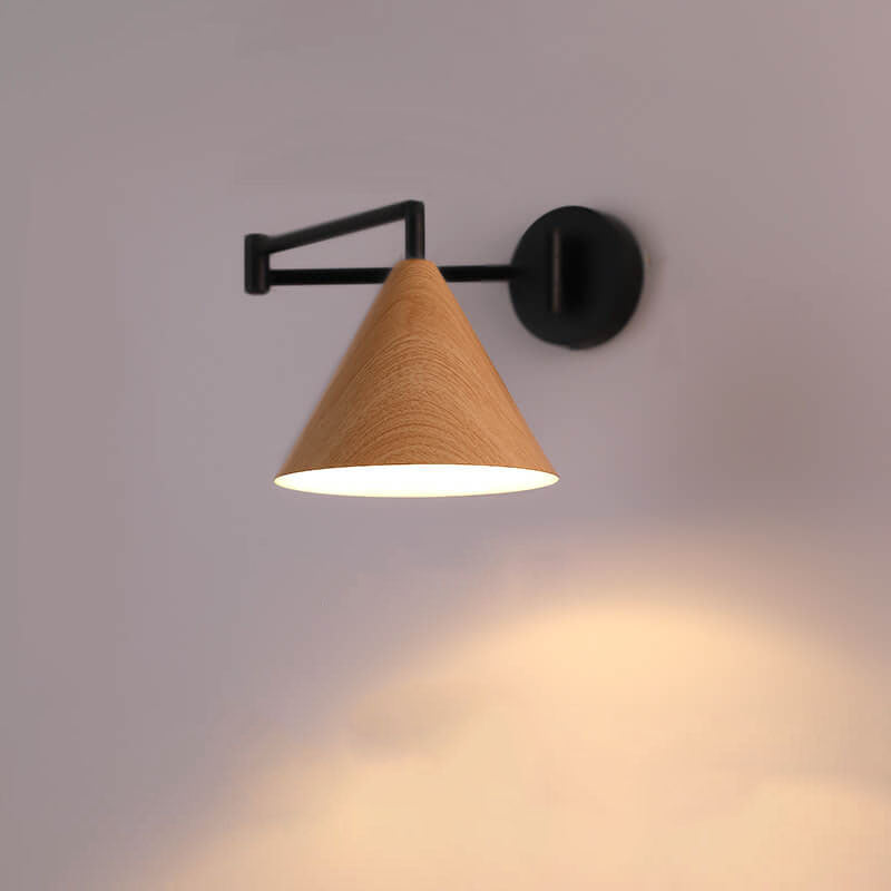 Nordic Swing Arm Wall Sconce with Scandinavian Wood Cone Shade
