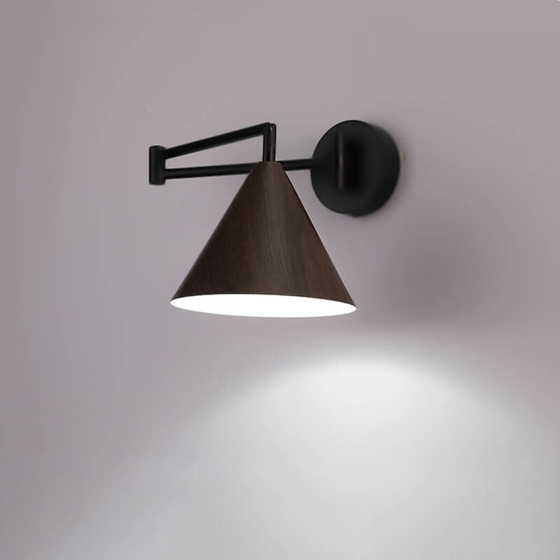Nordic Swing Arm Wall Sconce with Scandinavian Wood Cone Shade