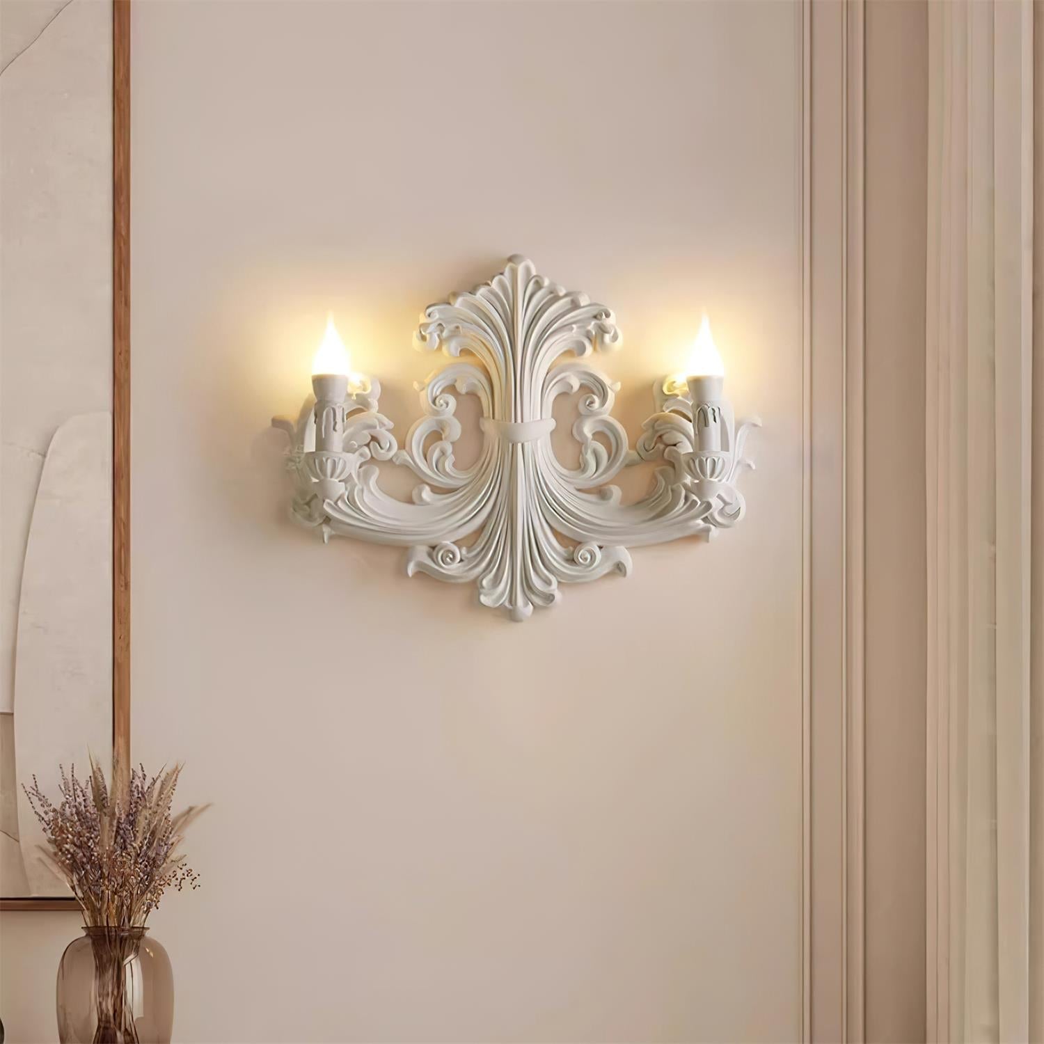 Ornate Plaster Wall Light with Dual Candle Arms
