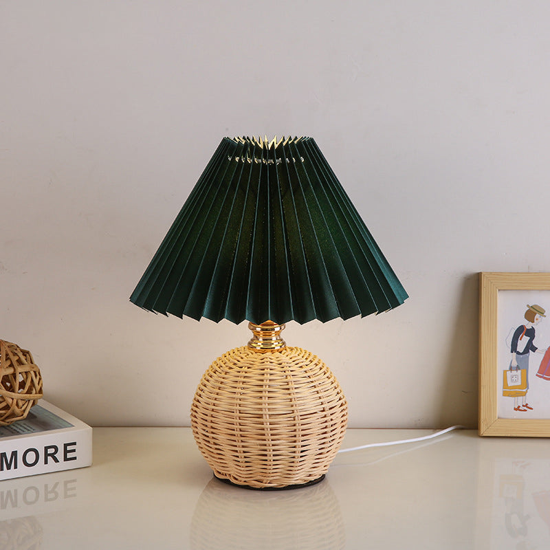 Rattan Table Lamp with Pleated Fabric Shade
