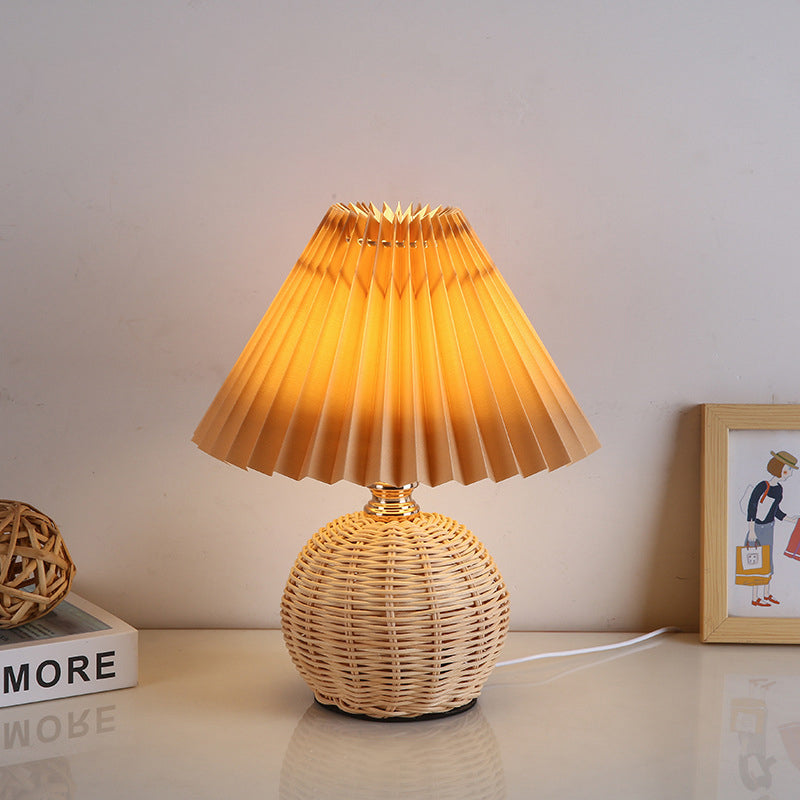 Rattan Table Lamp with Pleated Fabric Shade