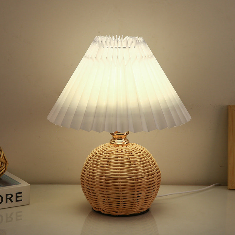 Rattan Table Lamp with Pleated Fabric Shade