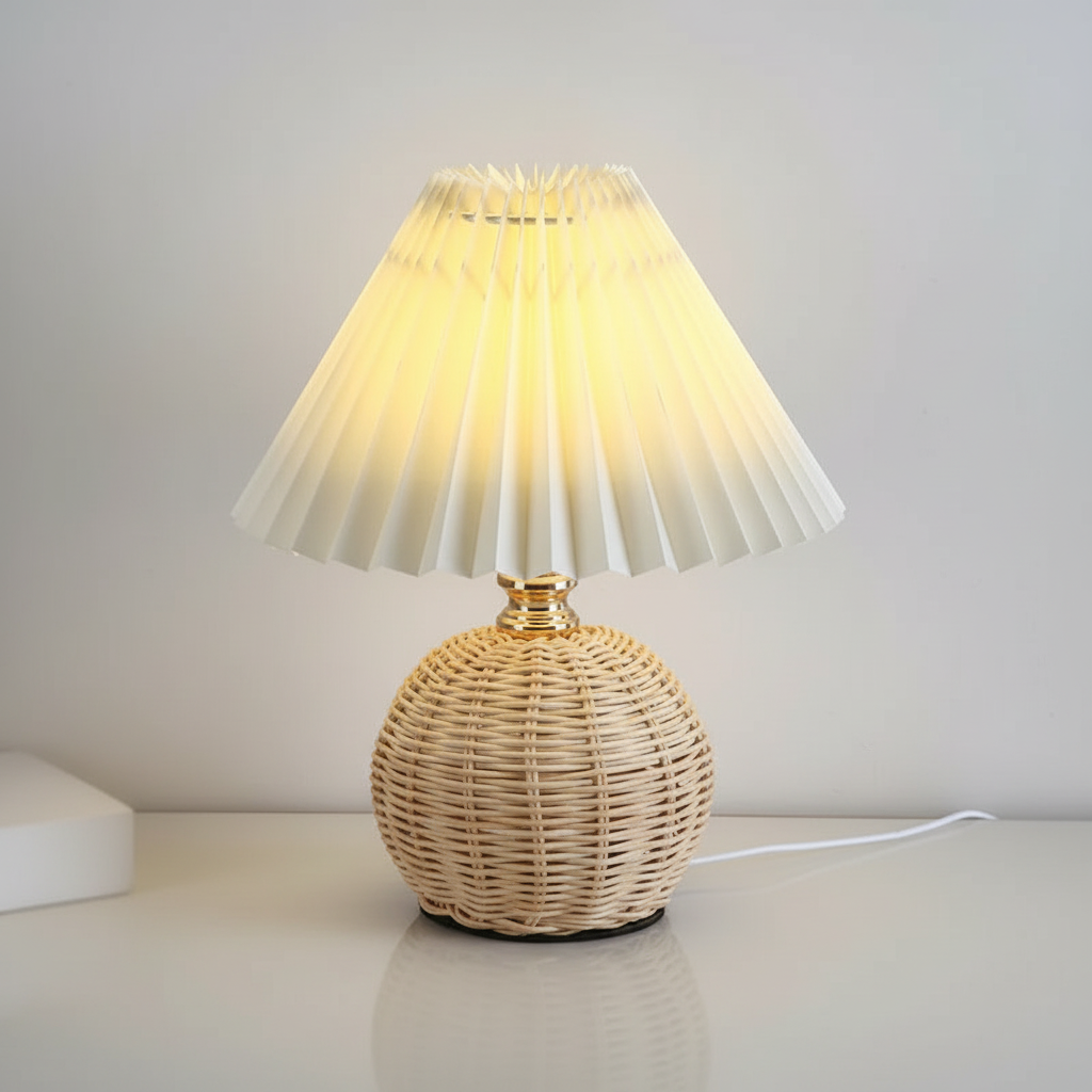 Rattan Table Lamp with Pleated Fabric Shade