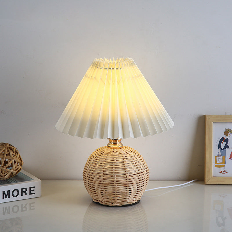 Rattan Table Lamp with Pleated Fabric Shade