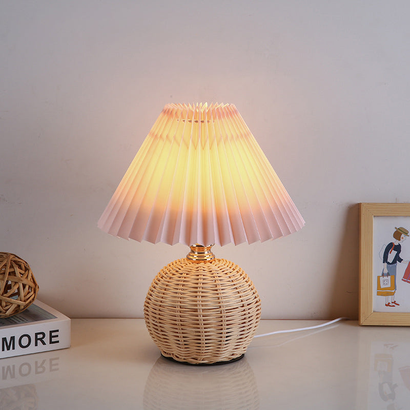 Rattan Table Lamp with Pleated Fabric Shade