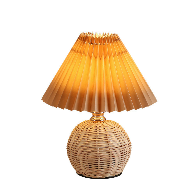 Rattan Table Lamp with Pleated Fabric Shade