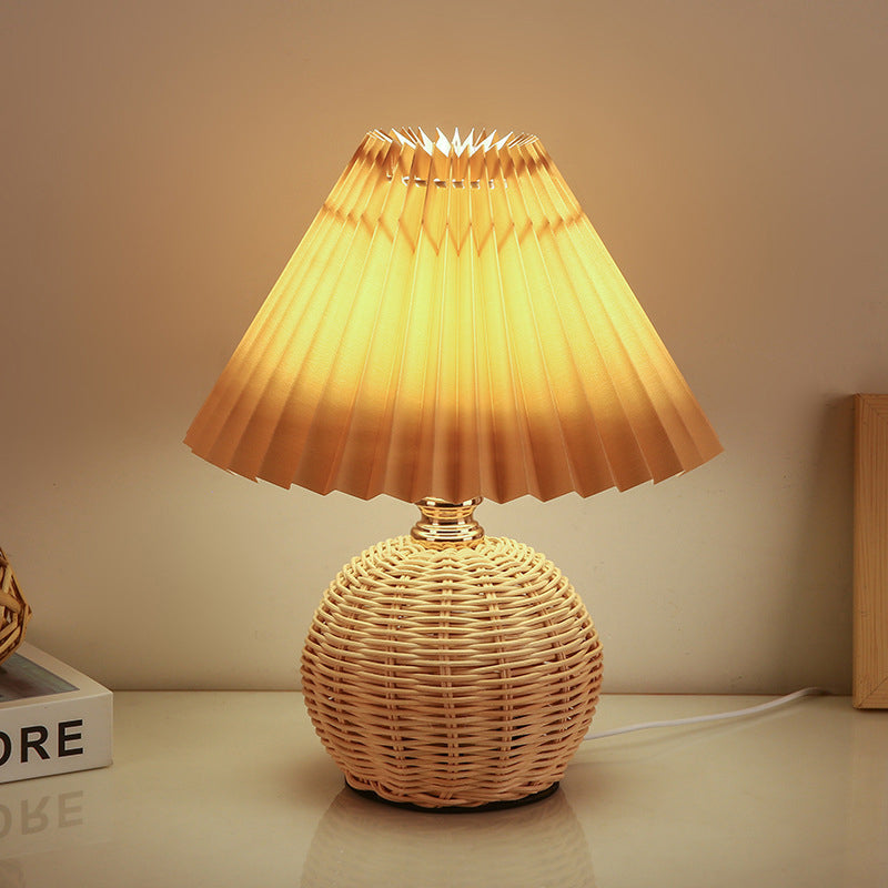 Rattan Table Lamp with Pleated Fabric Shade