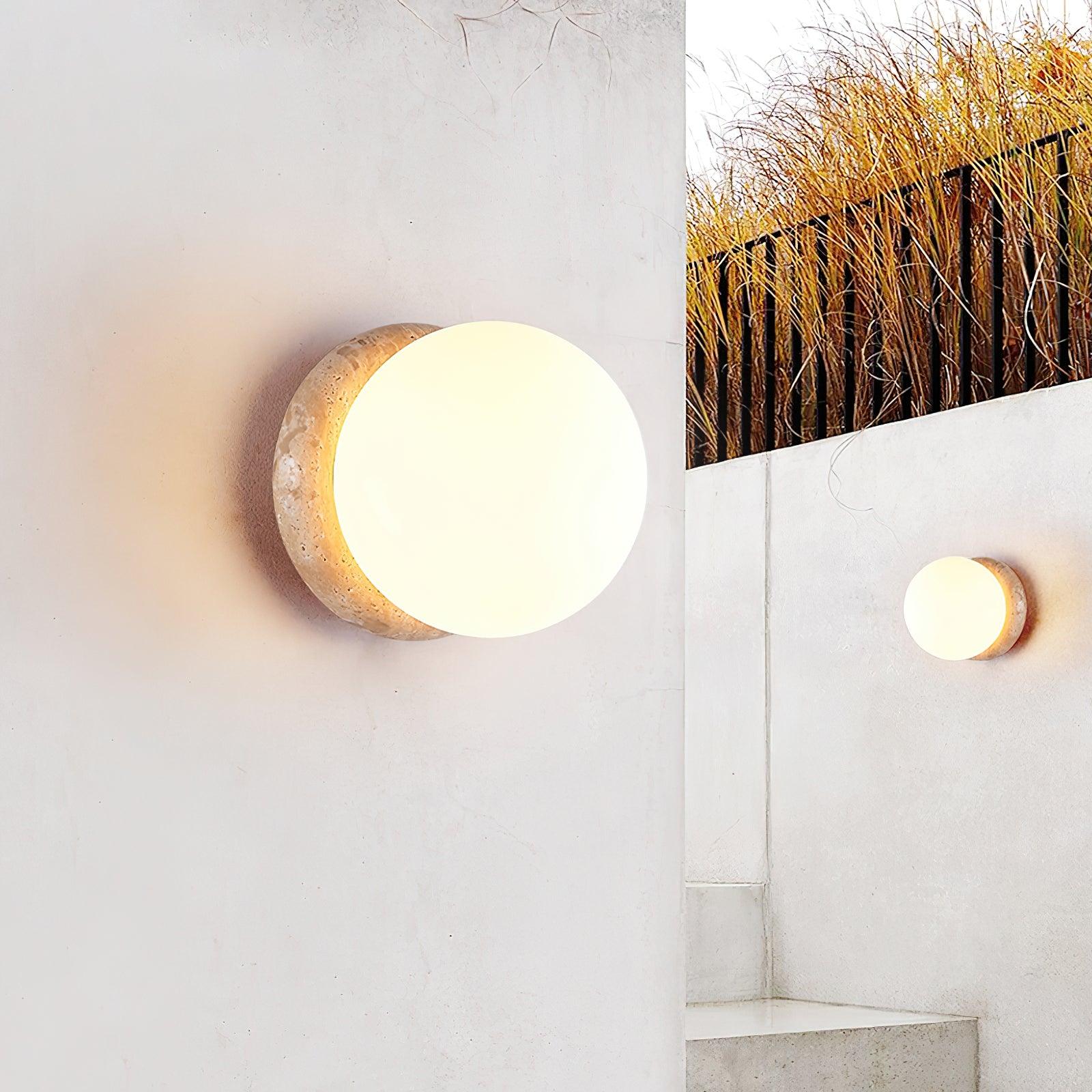 Round Travertine Garden Wall Light with LED Glow