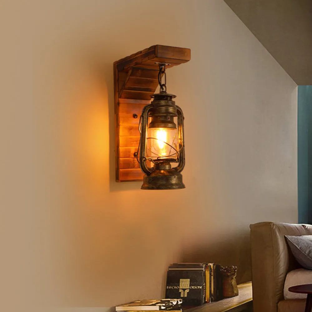 Rustic Lantern Wall Light with Vintage Metal Frame