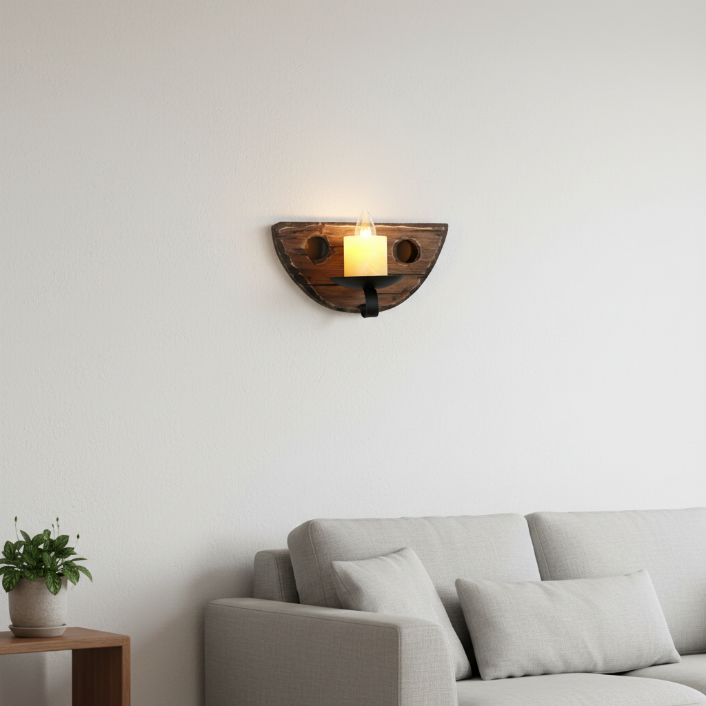 Rustic Wood Wall Candle Light with Metal Holder